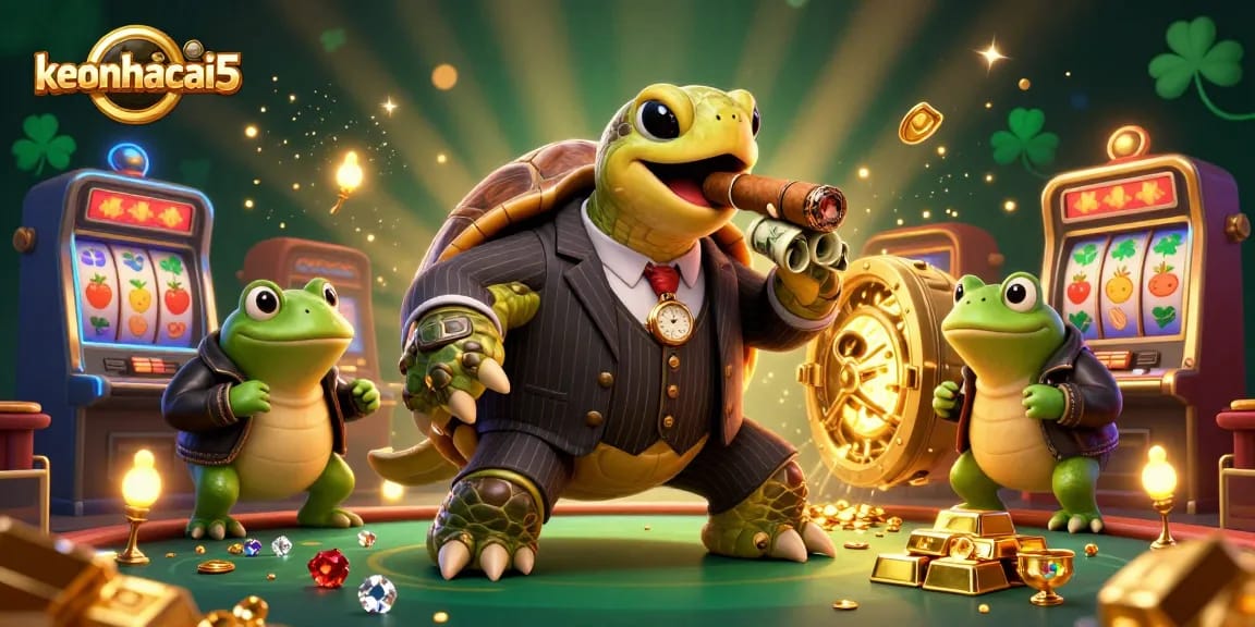 Engage with the excitement of keonhacai5 through a vibrant casino illustration showcasing rich 3D characters and treasures.