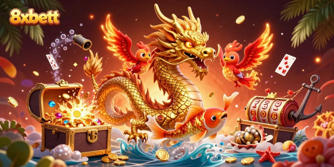 Experience thrilling gaming with 8xbett in this dynamic casino scene featuring a powerful dragon and lucky symbols.