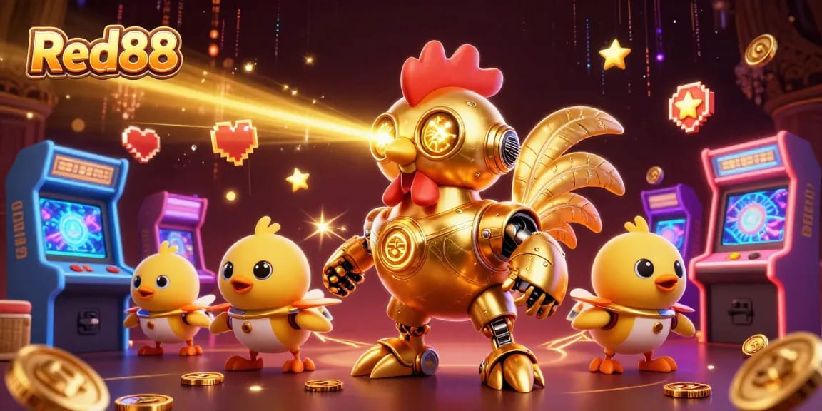 Experience thrilling gaming at Red88, featuring retro-futuristic robot characters amidst vibrant casino-style elements.