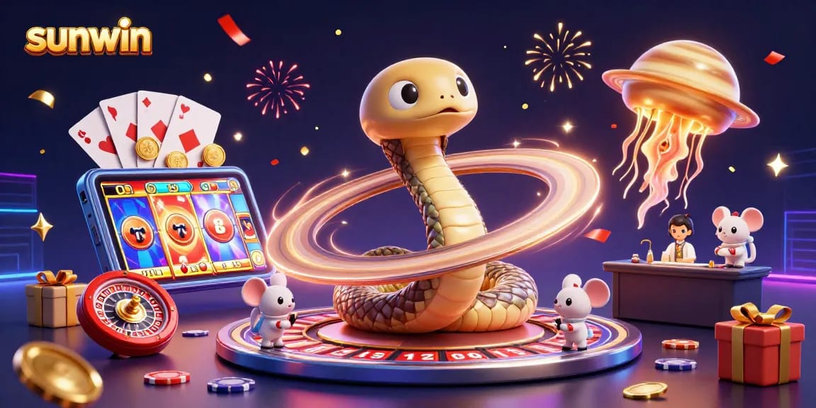 Watch the sunwin Saturn ring snake and astronaut mice engage in a lively gambling scene with spinning reels and poker chips.