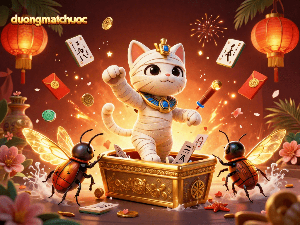 Engage in duongmatchuoc with vibrant mahjong tiles and an Egyptian mummy cat in a dynamic gaming scene.