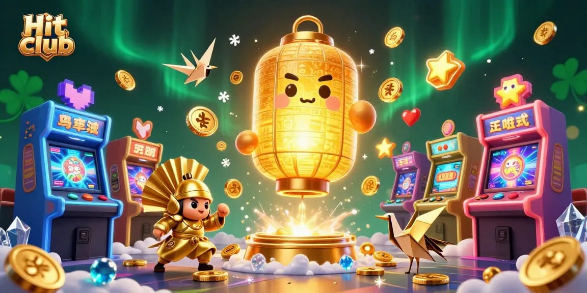 Experience vibrant gaming excitement at Hit club with a golden lantern spirit and dynamic slot machines.