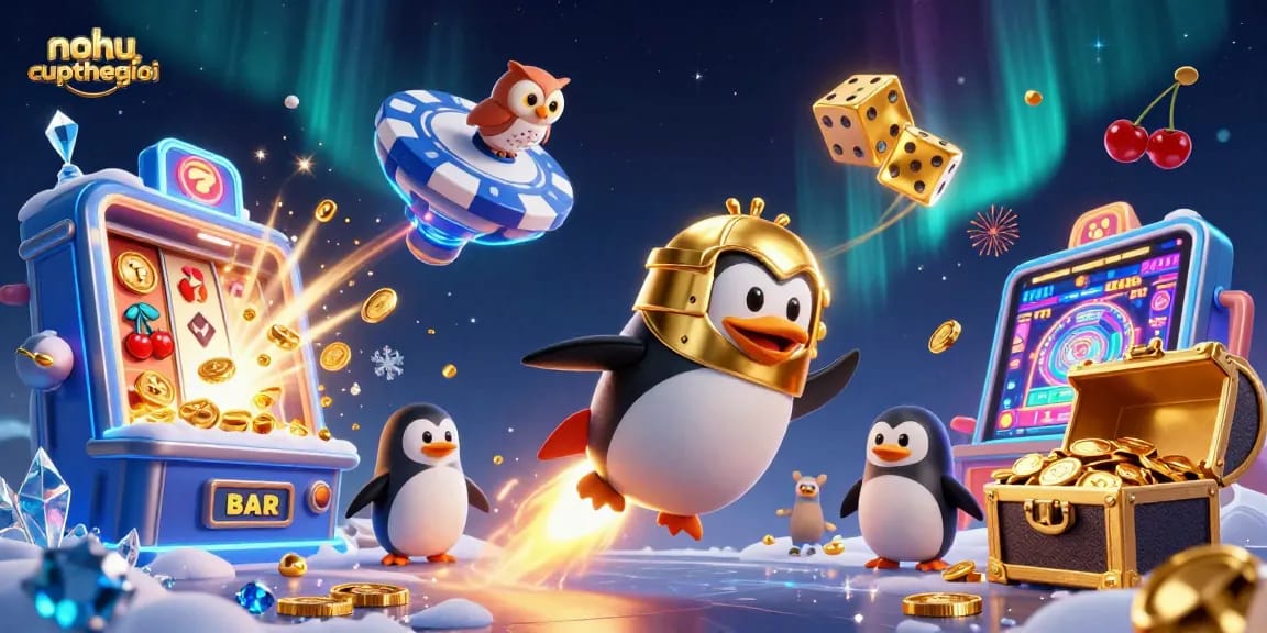 Nohu-cupthegioi portrays an engaging 3D cartoon penguin launching into a vibrant casino space adventure, celebrating big wins.