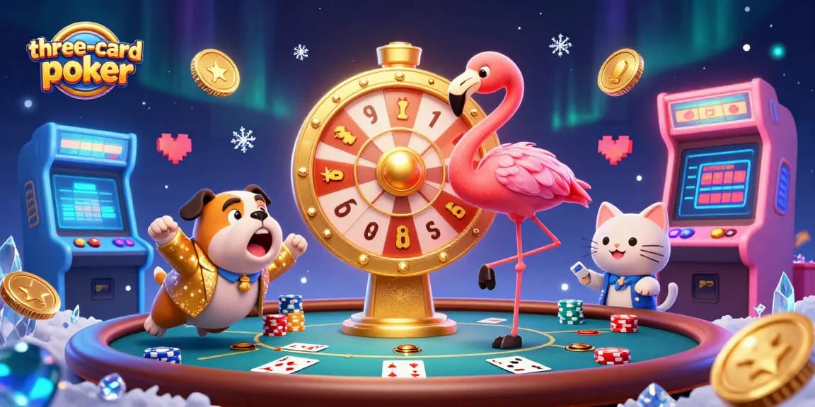 Experience excitement with three-card-poker featuring dynamic characters, chips, and a vibrant casino atmosphere.