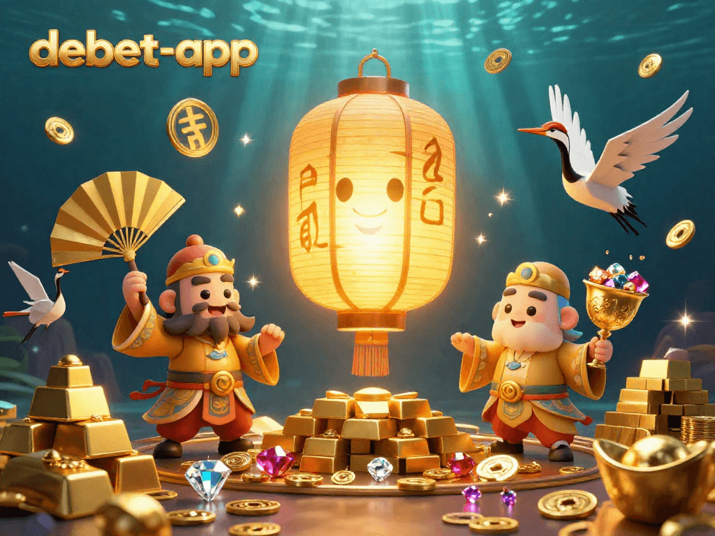 Engage with debet-app amidst a vibrant casino realm filled with golden treasures and luck-infused characters.