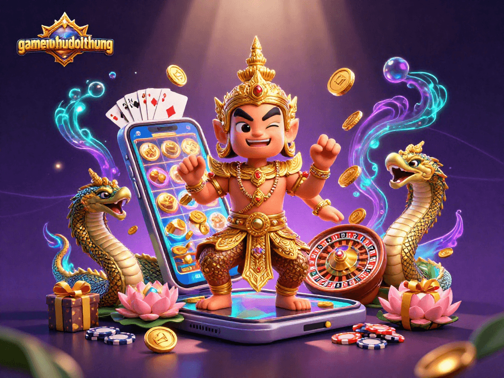 Play slots and chase jackpots with gamenohudoithuong's vibrant gaming illustration featuring exciting elements.