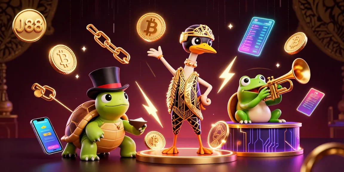 Experience the thrilling world of J88 with vibrant casino characters and crypto elements.