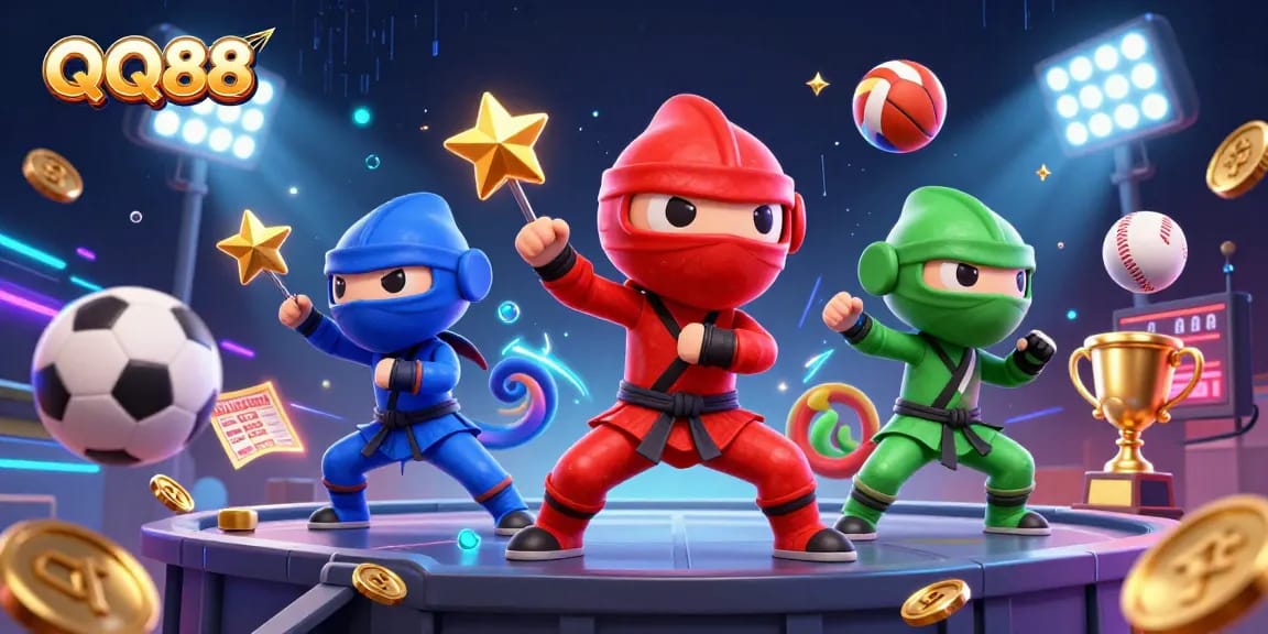 Engage in thrilling gambling action with QQ88, showcasing vibrant cartoon ninjas amidst dynamic sports elements.
