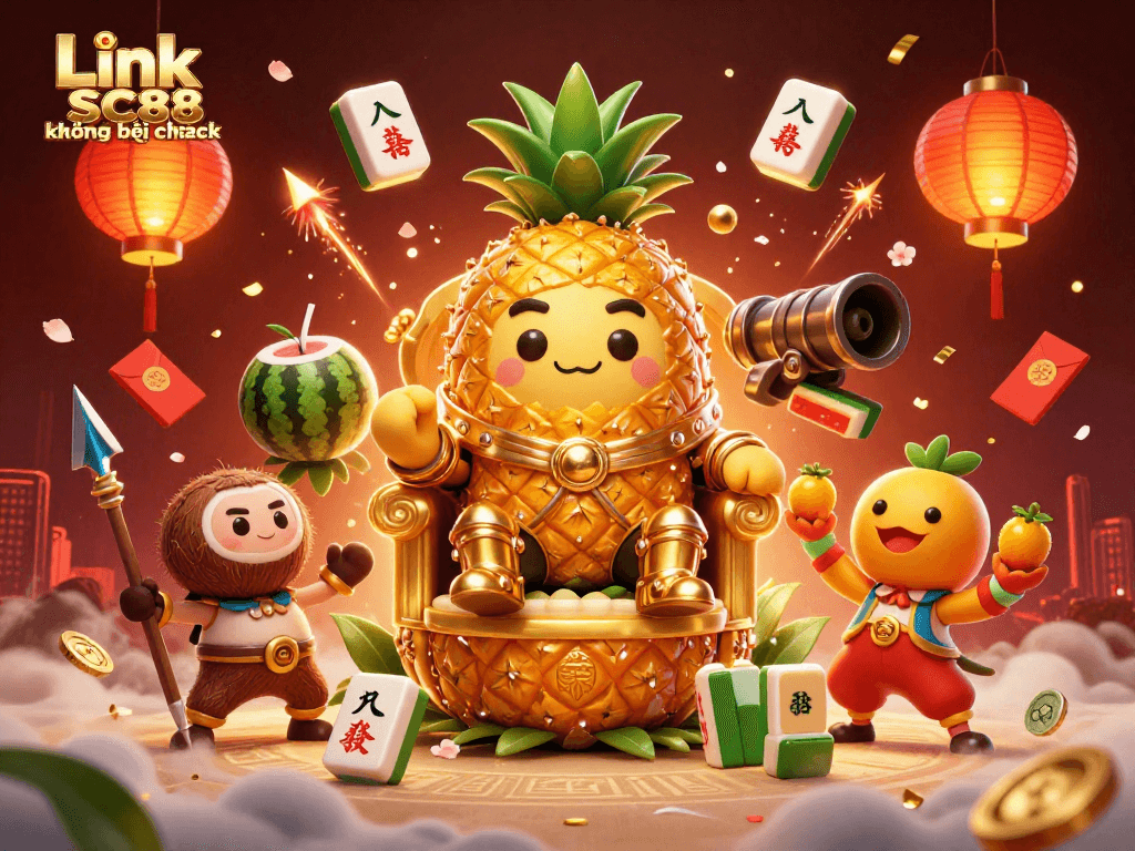 Engage in thrilling gameplay with Link SC88 không bị chặn as a golden pineapple king rules the beach casino.