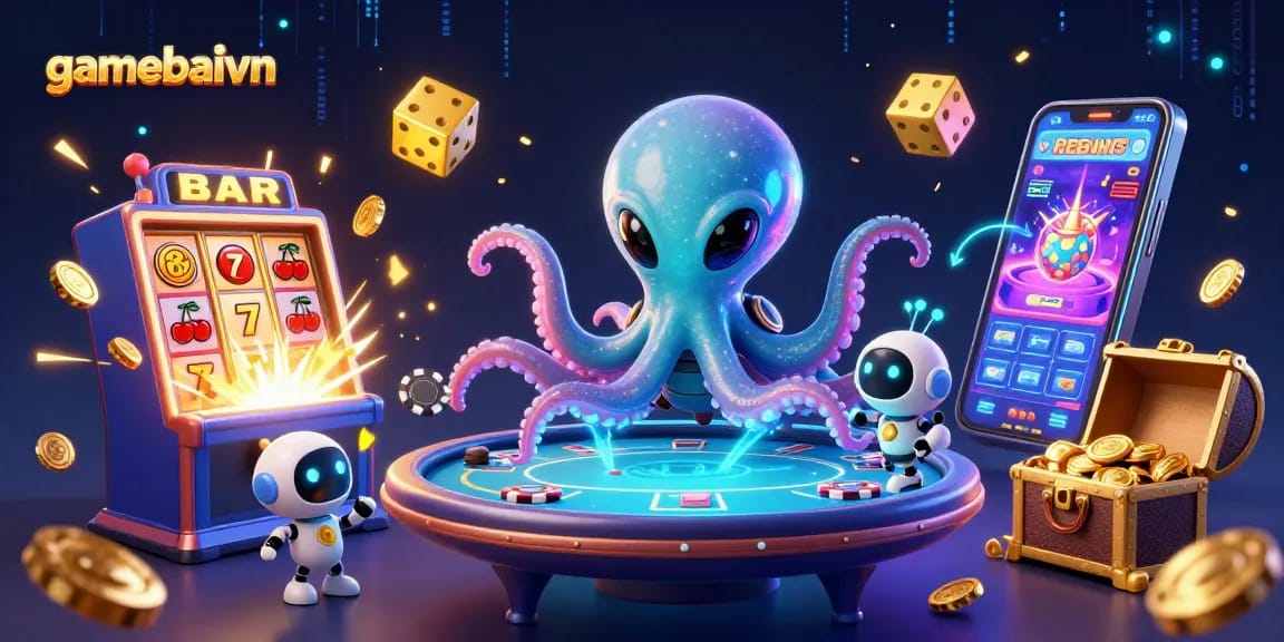 Engage in high-stakes poker action with gamebaivn's alien octopus surrounded by vibrant gaming elements.