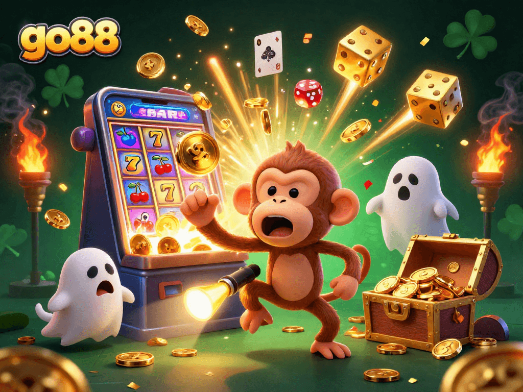 Experience the magic of go88 with a playful monkey and ghost-hunter puppy in a bustling casino scene filled with excitement.
