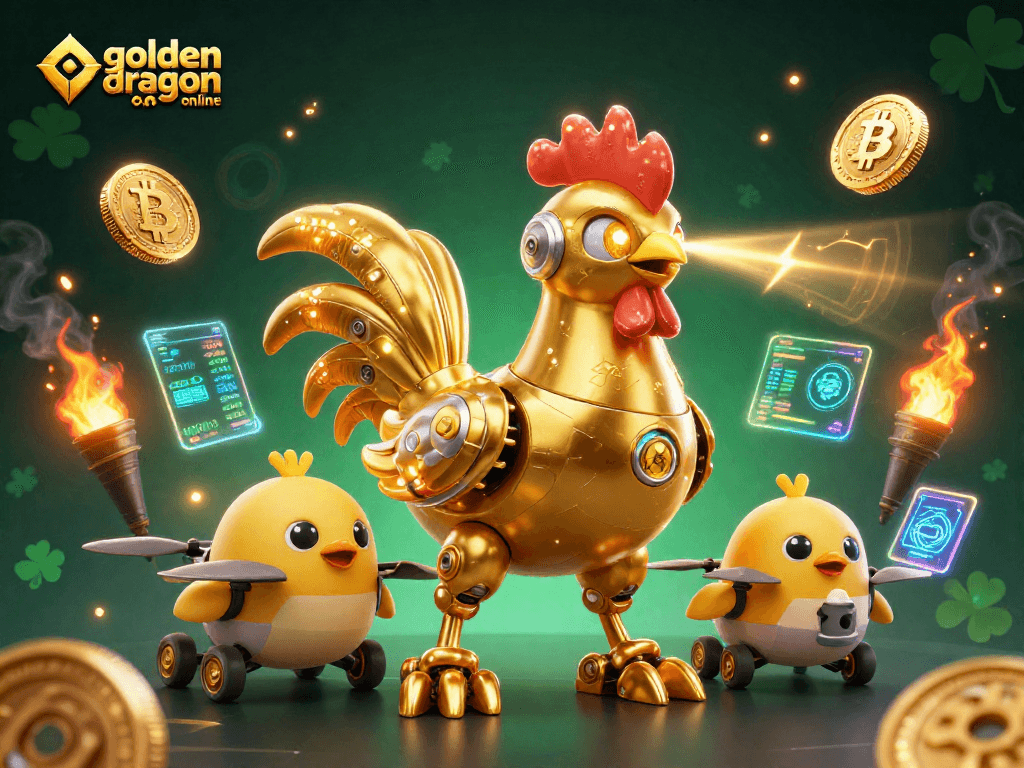 Engage with the golden dragon online in vibrant 3D featuring dynamic characters and cryptocurrency elements.