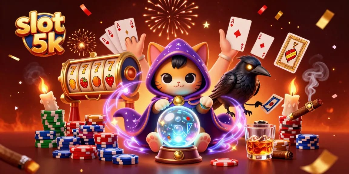 Spin the slot 5k reels with fortune teller cat and glowing raven in a vibrant casino scene.
