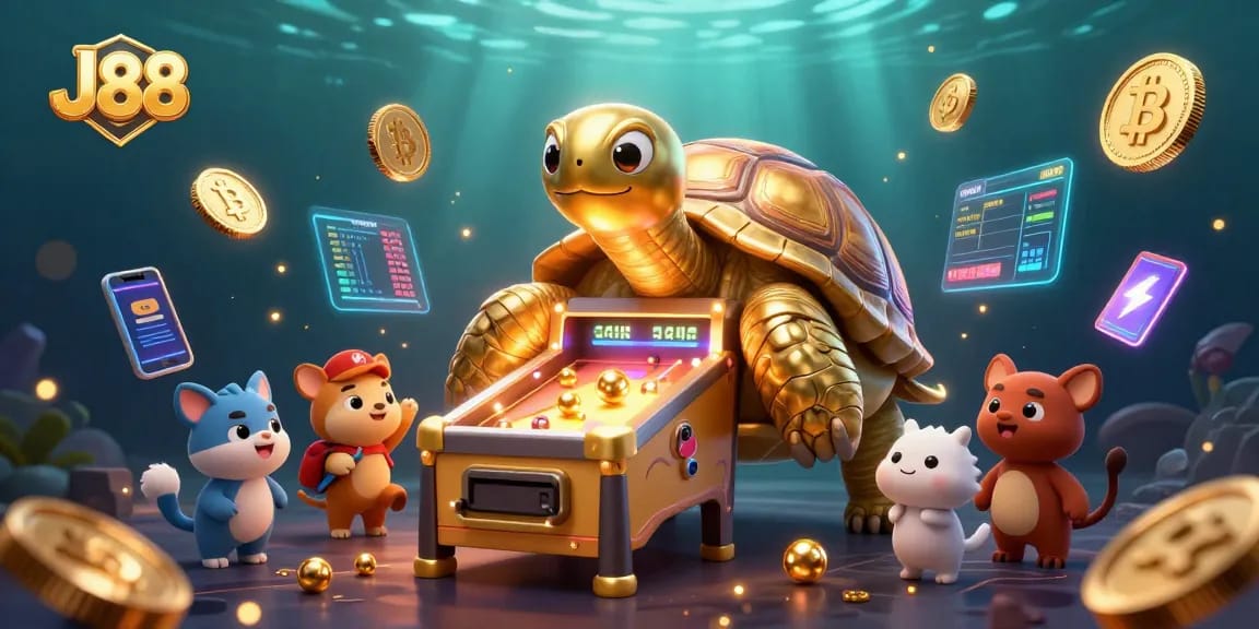 Experience thrilling betting at J88 with a hyper-detailed casino scene featuring golden tortoises and crypto elements.