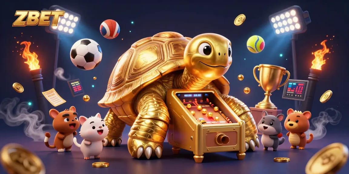 ZBET offers a thrilling adventure in online betting with a cartoon tortoise and playful animals in a dynamic casino scene.