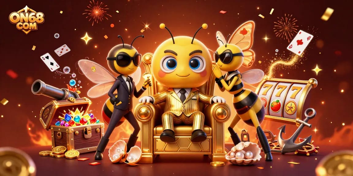 Engage in vibrant gameplay at ON68 COM with a lively scene featuring a bumblebee mob boss amid slot reels and treasures.