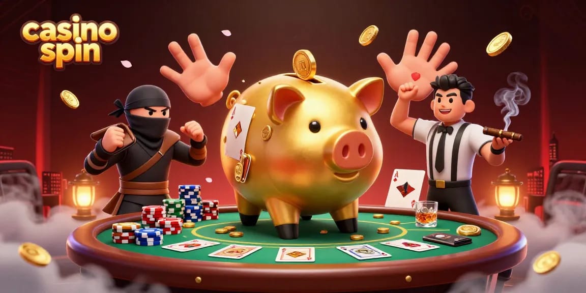 Join the action with casino spin as a golden piggy bank wrestler shakes down coins in a vibrant poker scene.