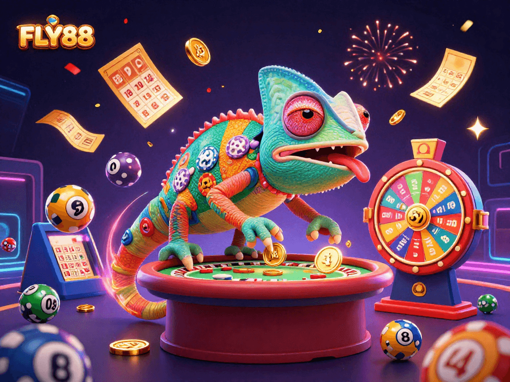 Experience thrilling gameplay at FLY88 with vibrant 3D chameleon owner and dynamic casino elements.