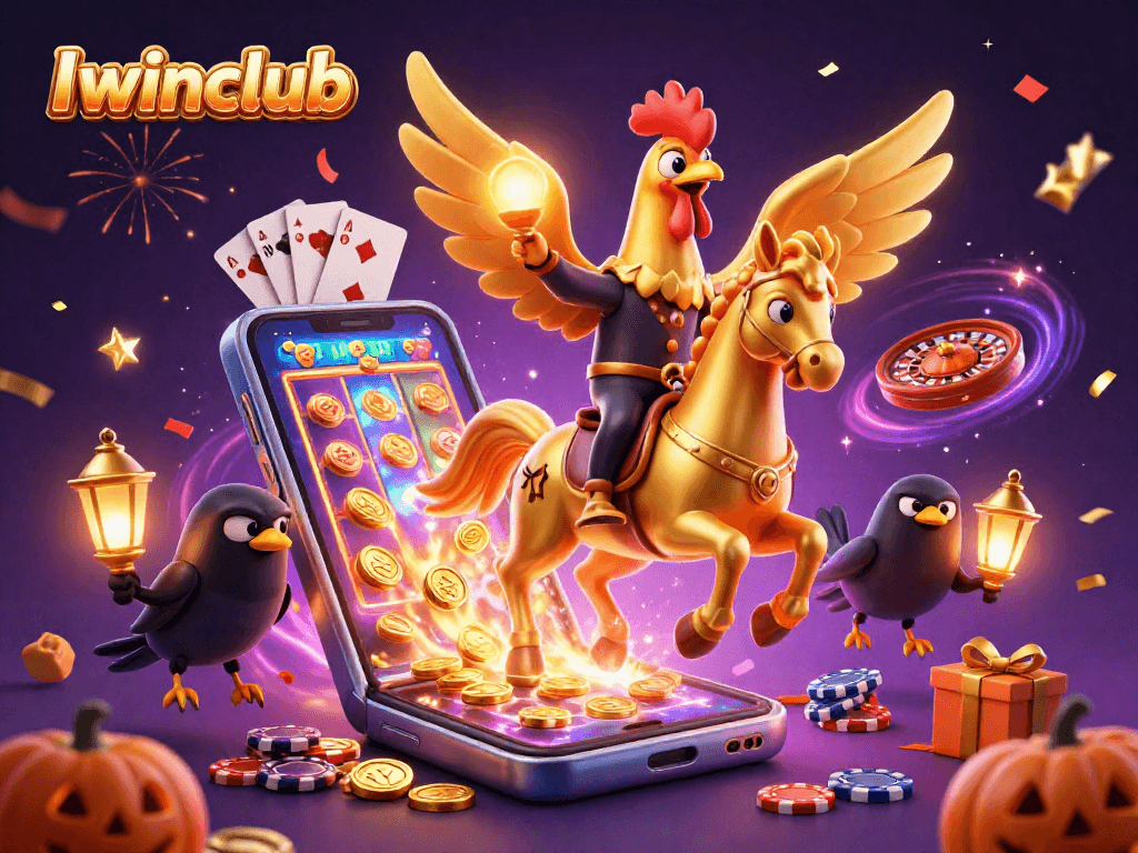 Iwinclub's golden rooster character enhances the excitement of slot games amidst a magical casino.