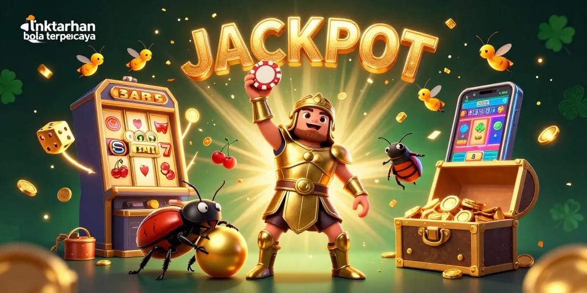 Join the excitement with link taruhan bola terpercaya as a beetle champion lifts a poker chip, amidst casino elements.