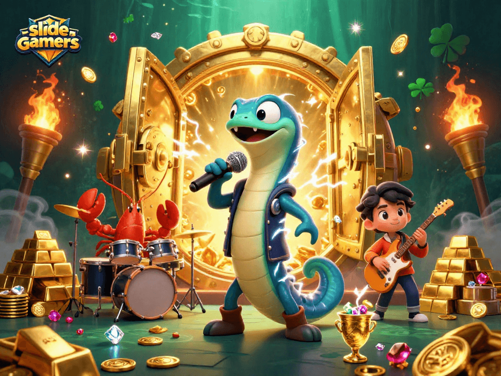 Experience thrilling gaming action with slidegamers in an underwater casino scene, featuring vibrant cartoon characters.