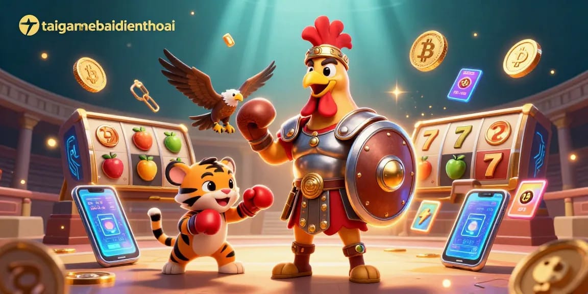 Engage in exciting gameplay with taigamebaidienthoai featuring a heroic rooster and vibrant slot elements.