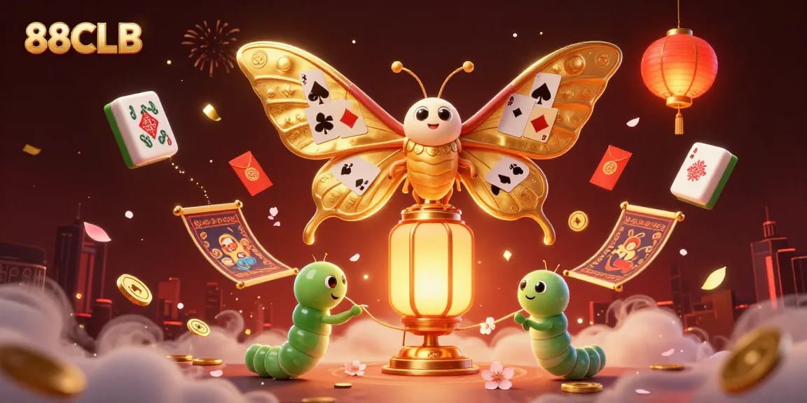 88CLB offers exciting casino adventures with golden moth, lanterns, and vibrant game elements.