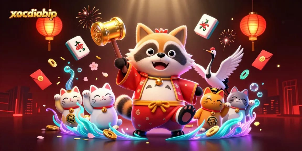 xocdiabip features a tanuki and crane in a vibrant 3D casino scene filled with lucky symbols.