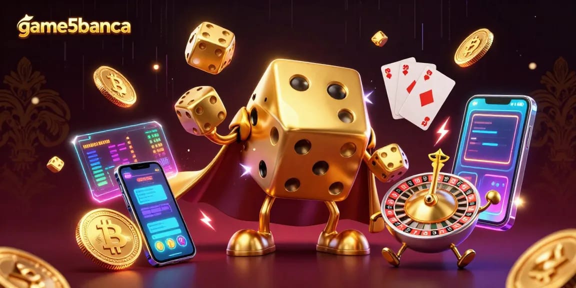 Immerse in dynamic gameplay with game5banca's golden dice and crypto-themed illustration.