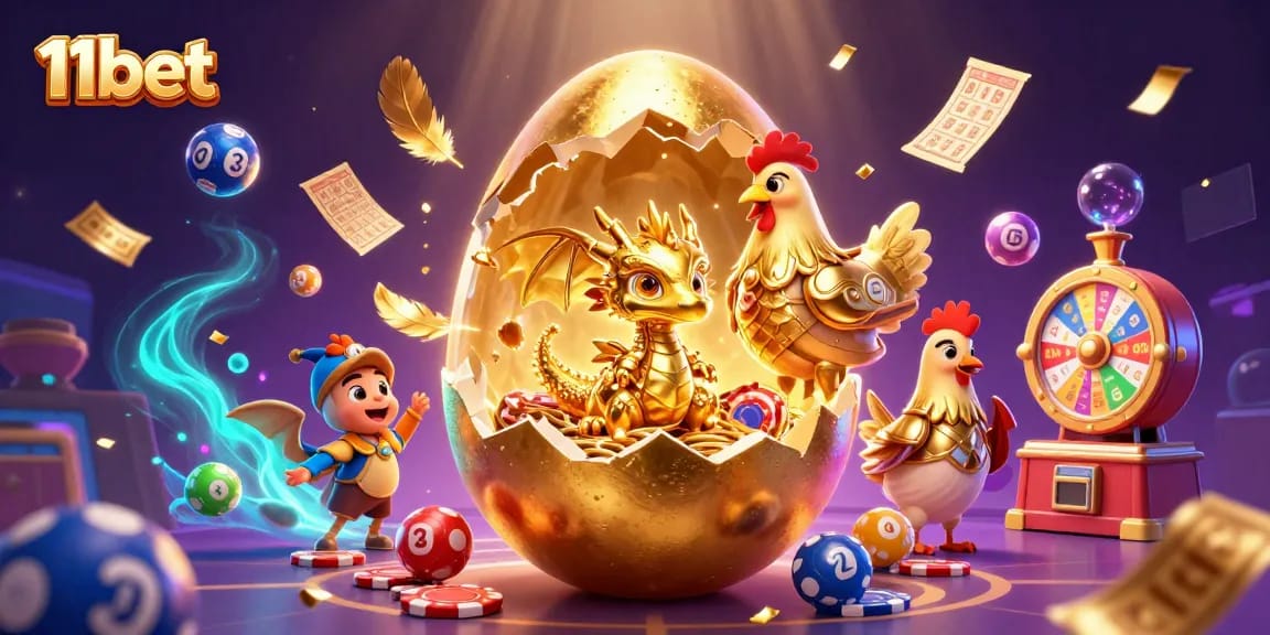 Experience the thrill of 11bet with a golden dragon, poker chips, and dynamic lottery elements.