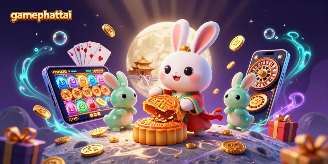 Engage with gamephattai as the moon rabbit reveals poker chips in a vibrant 3D casino scene.