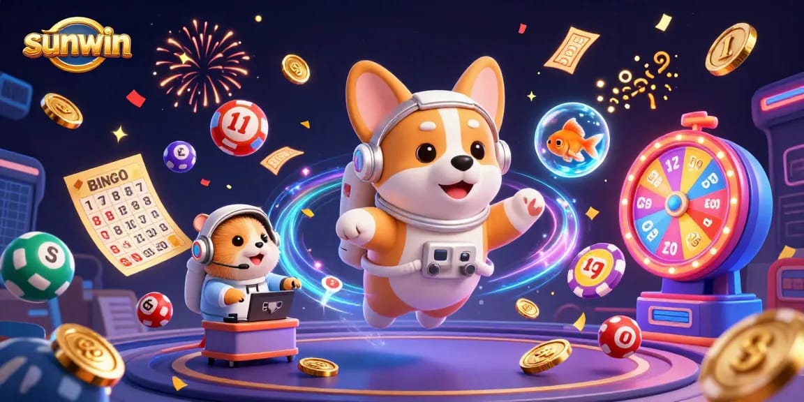 Sunwin's exciting space casino featuring a floating astronaut corgi among vibrant lottery elements.