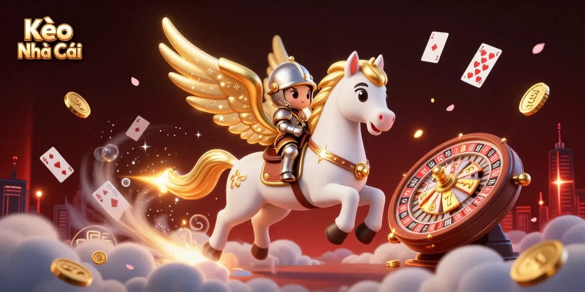 Kèo Nhà Cái brings excitement to the gaming scene with 3D characters and casino elements in a vibrant, dynamic illustration.