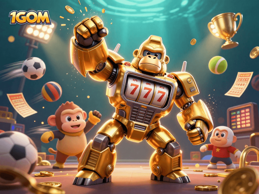 Experience the thrill of sports betting with 1GOM’s dynamic gambling scene featuring a golden gorilla mech and sports elements.
