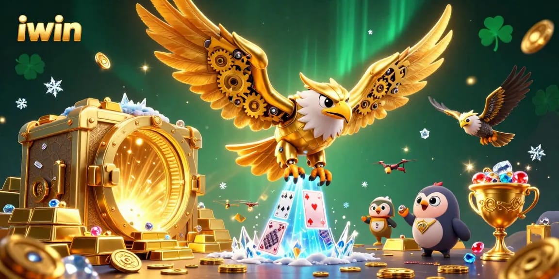 Join the iwin adventure with a cybernetic eagle and dazzling casino treasures!