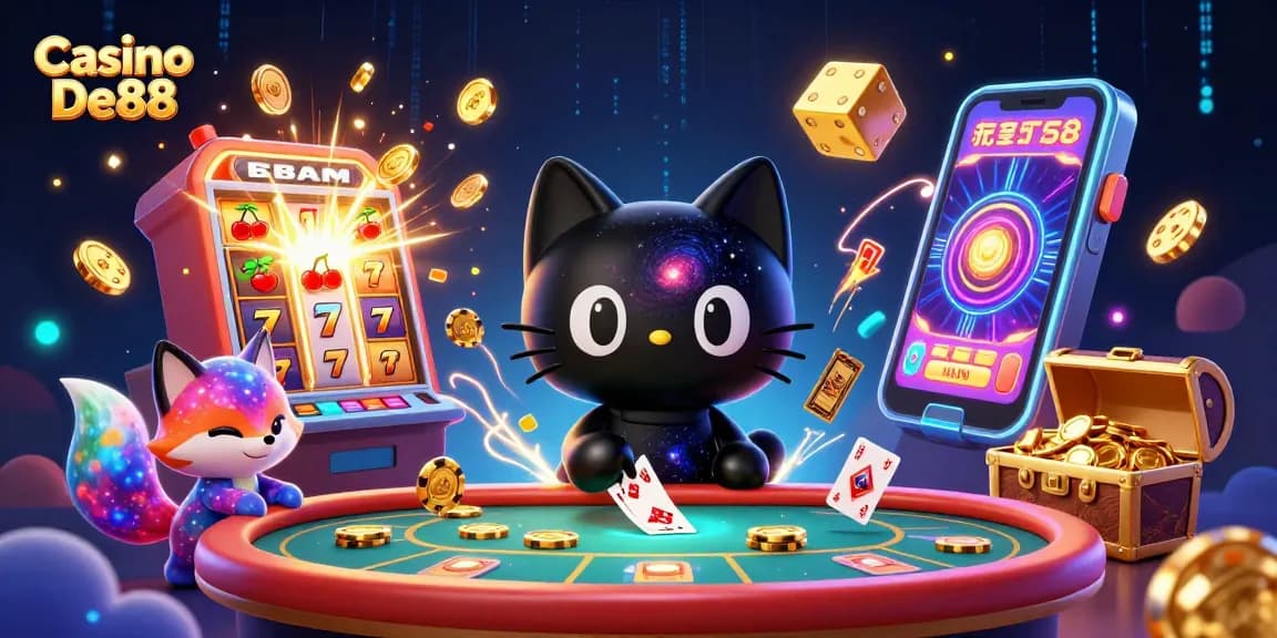 Casino De88 showcases a cosmic scene with a black hole cat and vibrant elements in a dynamic casino setting.
