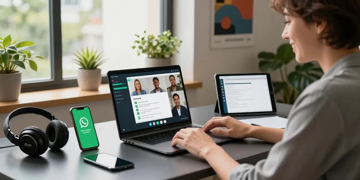WhatsApp下載 on a modern workspace desktop showing video call setup for connectivity.