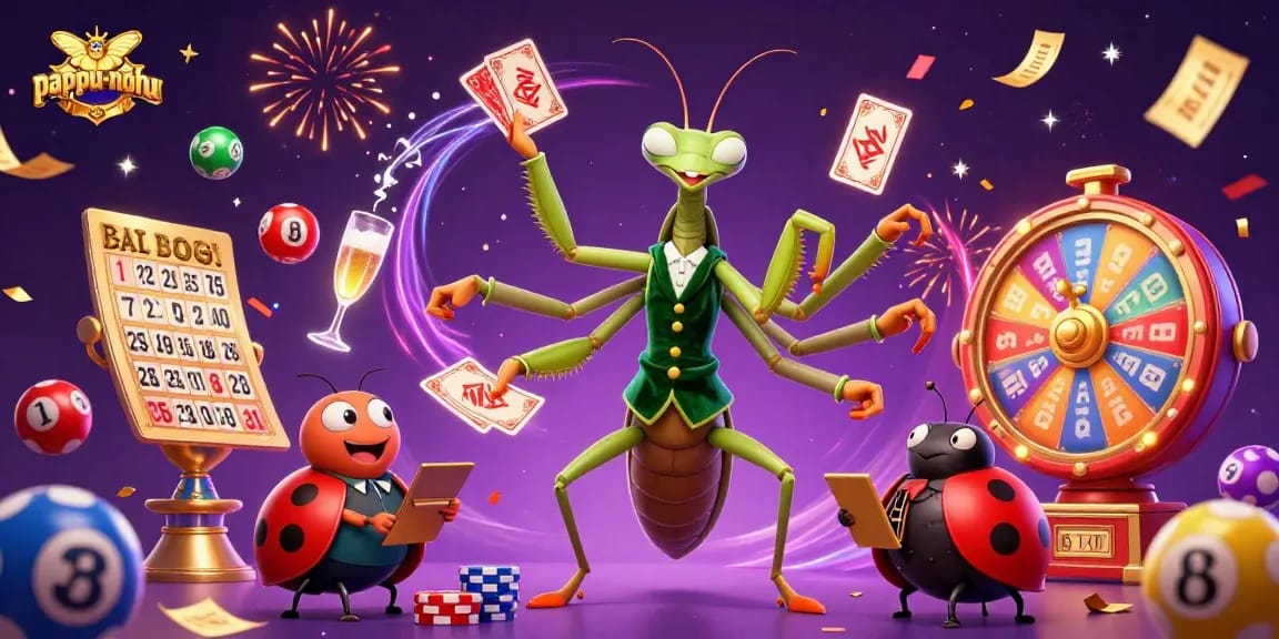 Pappu-nohu game illustration showcasing a praying mantis card sharp with vibrant casino elements in action.