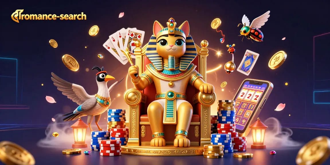 Spin to win with romance-search at the vibrant casino scene featuring pharaoh cat and golden treasures.