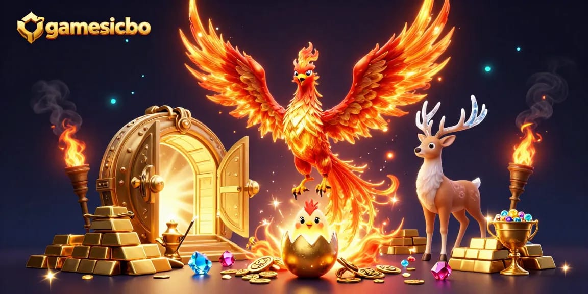 Play Sicbo online with gamesicbo featuring a fiery phoenix and mystical stag amidst sparkling treasures.