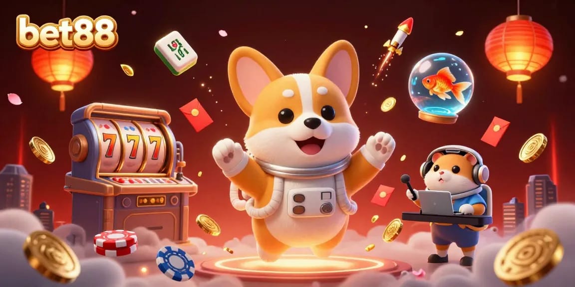 Bet88 offers an exciting casino adventure in a 3D space station theme with playful characters.