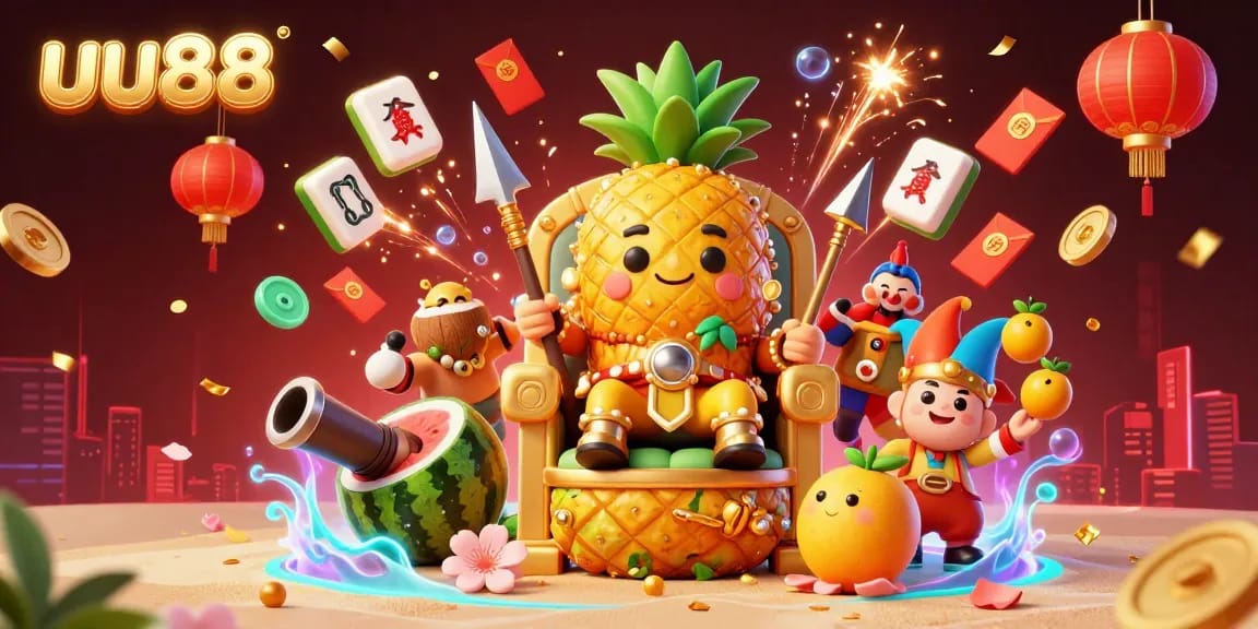 Engage with uu88's vibrant casino experience featuring a golden pineapple king and lively characters.