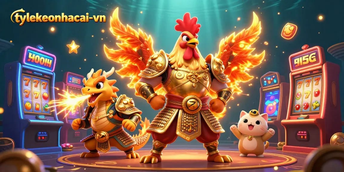 Experience thrilling gameplay at tylekeonhacai-vn featuring a fighting rooster warrior and dragon in an exciting casino scene.