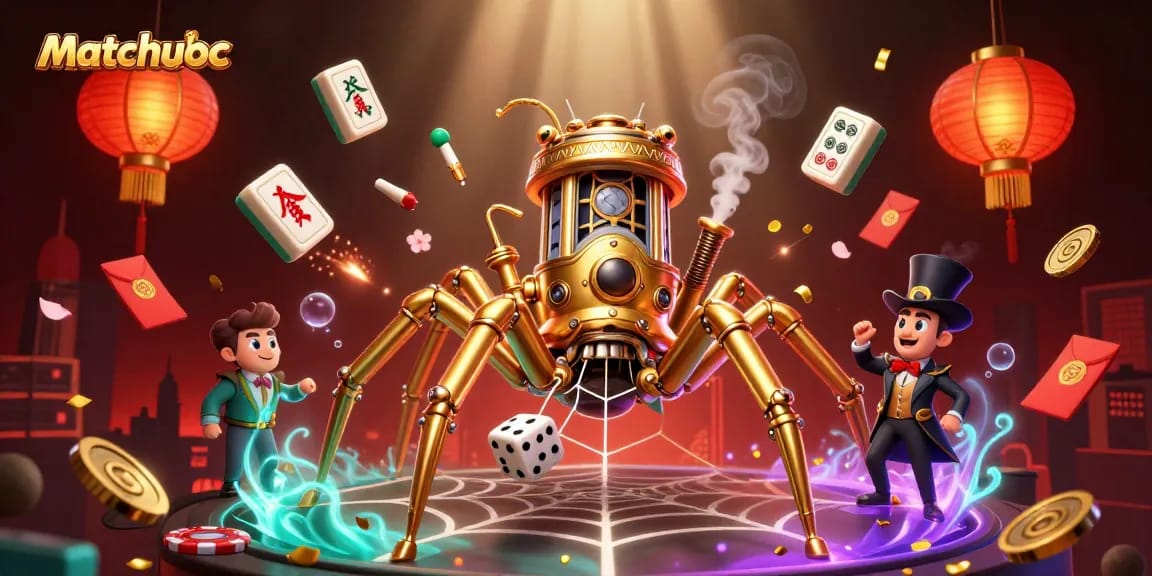 Experience the thrill of matchuoc with a golden spider and poker elements in a captivating 3D scene.