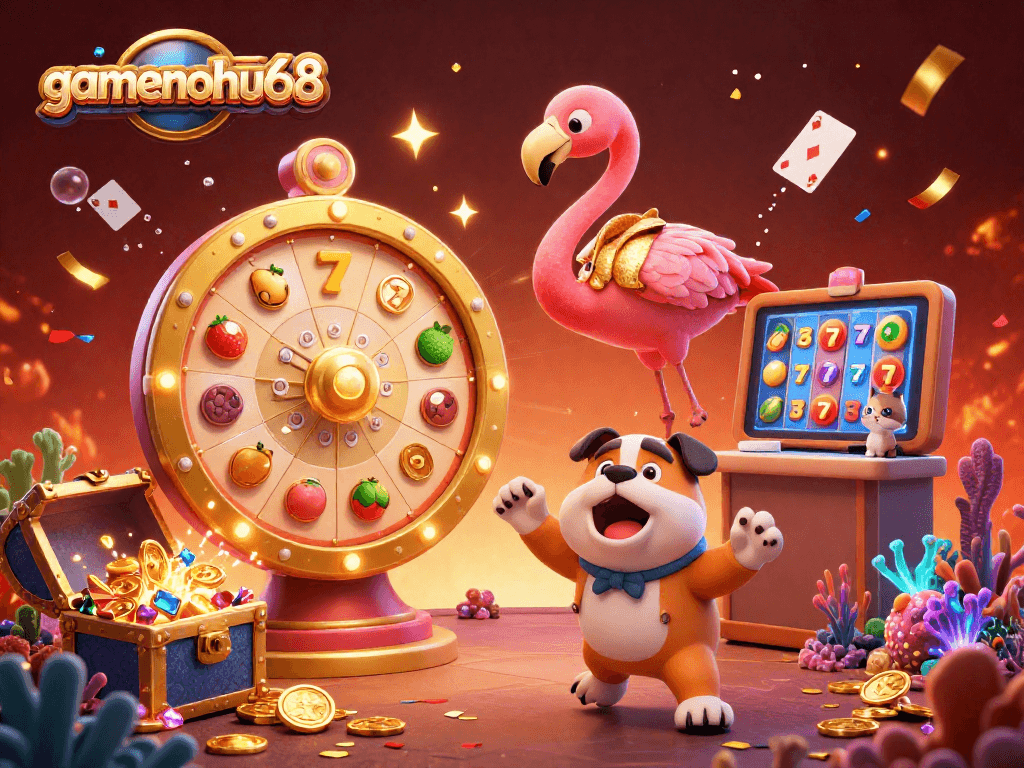 Experience the thrill of gamenohu68 with a vibrant 3D casino scene featuring a game show host and exciting slot elements.