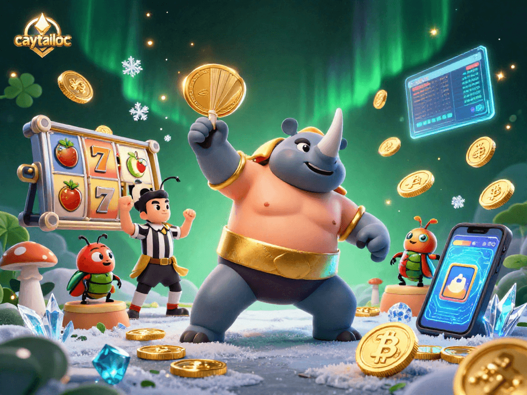 Caytailoc spins with excitement as the beetle champion sends coins flying in a vibrant 3D casino scene.