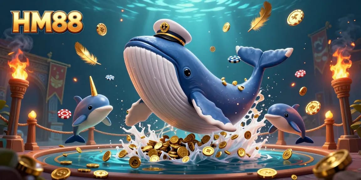 Join the excitement at HM88 with a vibrant underwater scene featuring a cartoon whale, narwhal, and dolphins interacting with coins and cards.