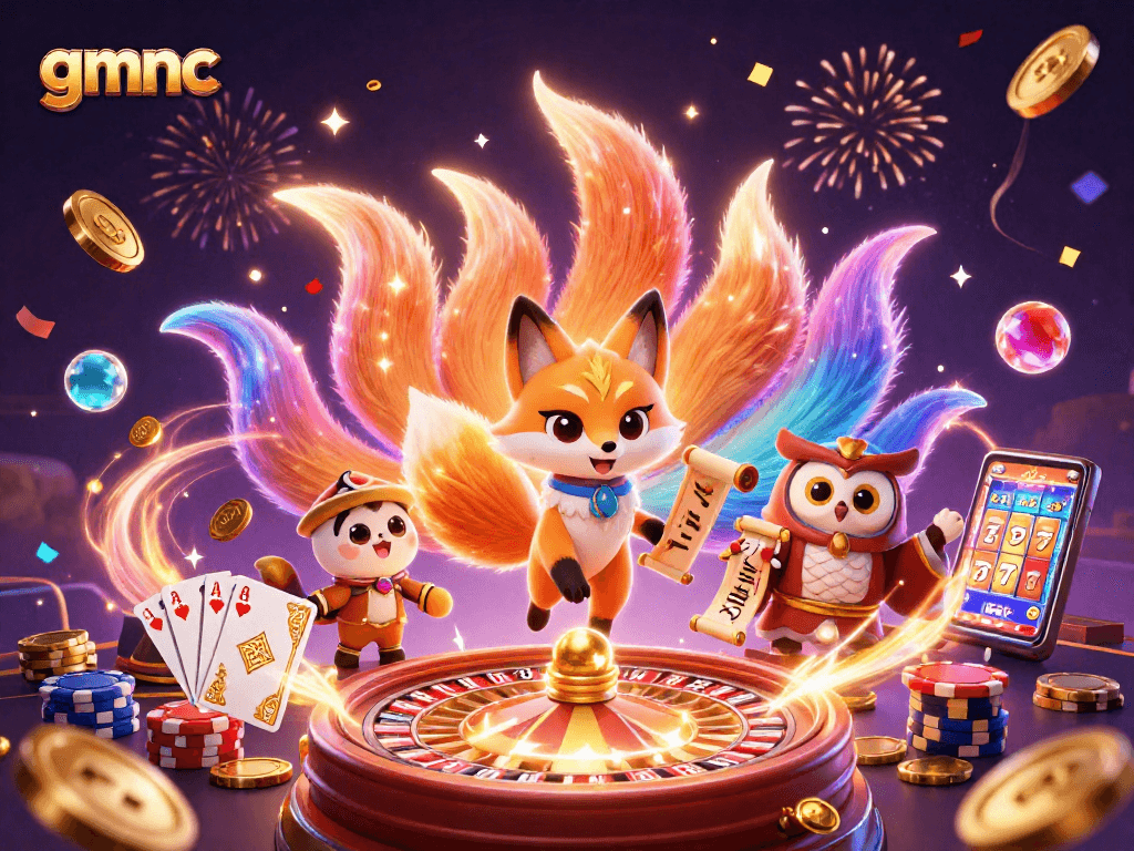 Engage with gmnc's vibrant casino world featuring a colorful nine-tailed fox spirit and an owl sage.
