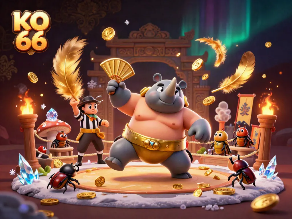 Engage in exciting gameplay with KO 66 featuring a beetle sumo champion surrounded by dynamic gaming elements.