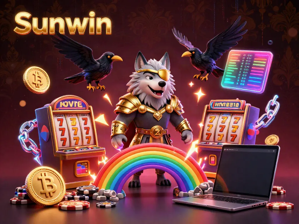 Join the thrilling Sunwin experience featuring 3D casino characters amid exuberant slot machine elements.